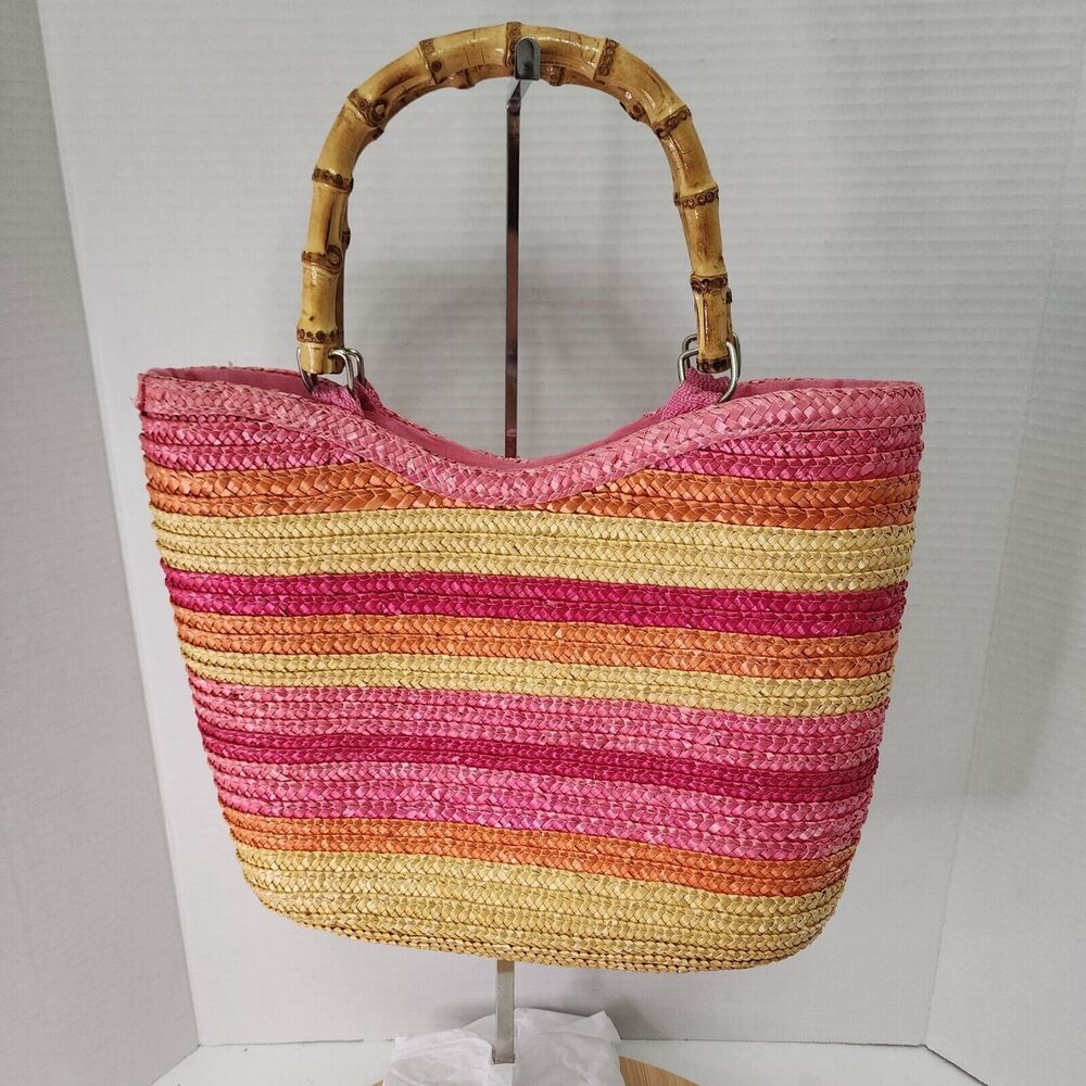 Bay Studio Straw Hand Bag Tote Woven Striped with Bamboo Handles Vintage Rare